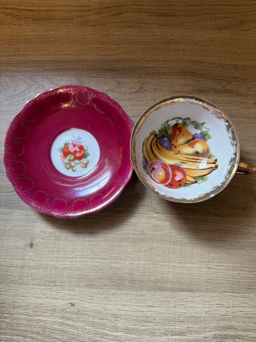 Vtg Fruits Banana Pear Peach Teacup and Plate Made in Japan Red